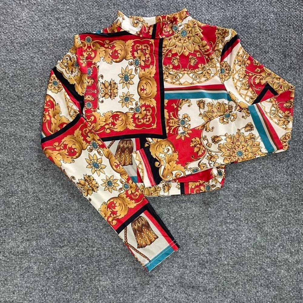 Baroque maximalist mock neck long sleeve crop top